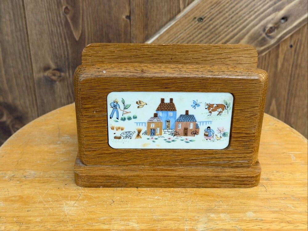 Vintage Good Wood Japan Wooden Napkin Holder Ceramic Tile Country Decor (9522)
